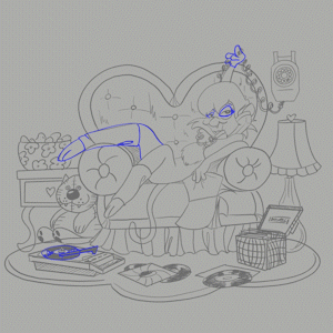 An anthropomorphic cat wearing leg warmers lounges on a giant fluffy chair talking on the phone attached to the wall. She is twirling the phones cord and bobbing her leg up and down. The chair is surrounded by stuffed animals records and other furniture.