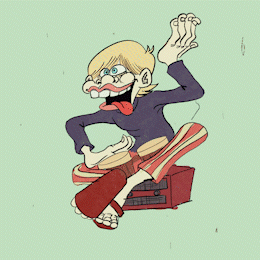 A blonde man sits on a radio playing the bongos, he hops and sicks his tongue out has he plays.