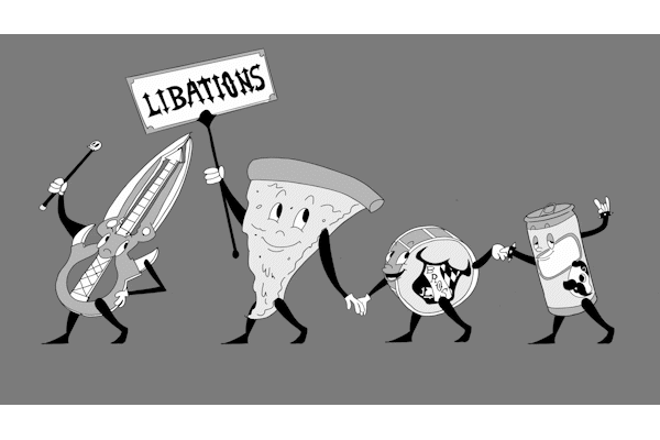 An anthropomorphic guitar, pizza, drum and beer can hold hands and march. The guitar holds a sign that says “libations”
