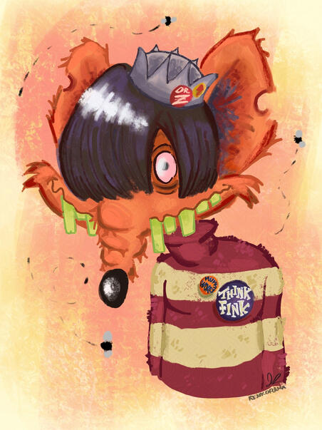 An Orange rat with long black bangs and yellow teeth grins against a peach background. Only one of his eyes is visible. He is wearing a yellow and red striped sweater with pins that say “think fink” and “mums worry”. He is wearing a whoopee crown, and a fe